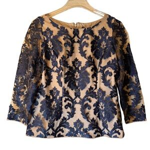 Adrianna Papell Blue Taupe Floral Lace Blouse Boatneck 3/4 Sleeves Tailored Sz 6